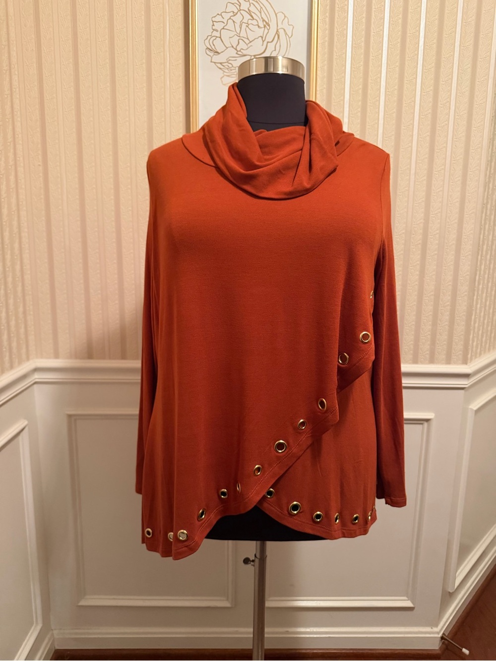 Pamela McCoy Rust Asymmetrical Grommet Cowl Neck Sweater Size 2X